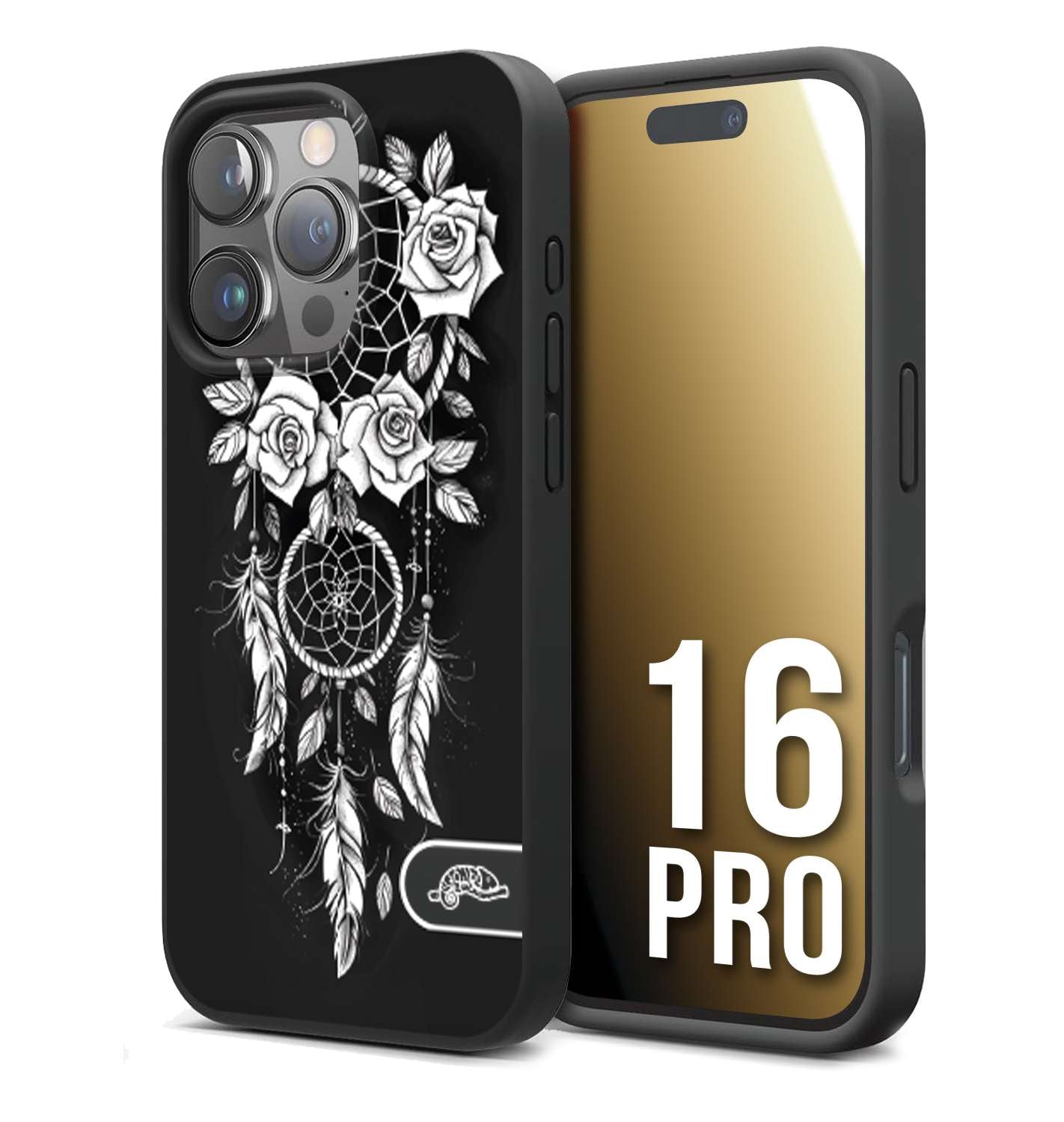 CUSTOMIZZA - Custodia cover nera morbida in tpu compatibile per iPhone 16 PRO acchiappasogni dreamcatcher black and white bianco a rilievo disegnato tattoo tatuaggio