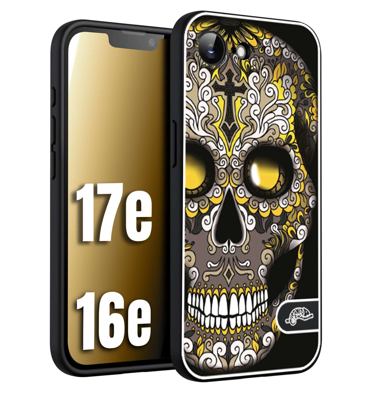 CUSTOMIZZA - Custodia cover nera morbida in tpu compatibile per iPhone 16E - 17E teschio messicano Mexican skull nero giallo