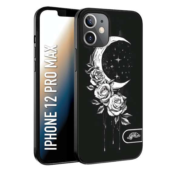 CUSTOMIZZA - Custodia cover nera morbida in tpu compatibile per iPhone 12 PRO MAX luna e fiori moon flowers black and white bianco a rilievo disegnato tattoo tatuaggio