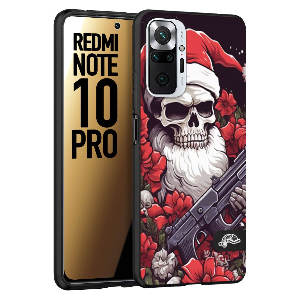 CUSTOMIZZA - Custodia cover nera morbida in tpu compatibile per Xiaomi Redmi Note 10 PRO teschio natale santa claus fiori tattoo disegnato