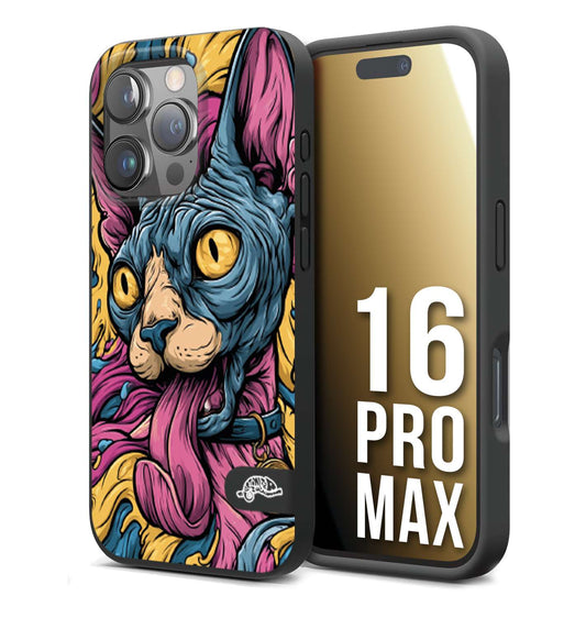 CUSTOMIZZA - Custodia cover nera morbida in tpu compatibile per iPhone 16 PRO MAX Sphynx Colorato Pop Art Psichedelico Gatto Blu Rosa Giallo Artistica Fantasy