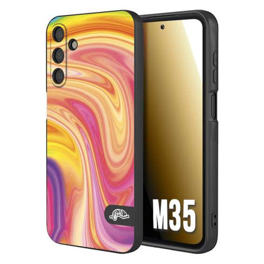 CUSTOMIZZA - Custodia cover nera morbida in tpu compatibile per Samsung M35 colorata fantasia vortice marmo onde rosa fucsia gialla