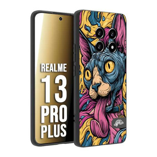 CUSTOMIZZA - Custodia cover nera morbida in tpu compatibile per Realme 13 PRO PLUS Sphynx Colorato Pop Art Psichedelico Gatto Blu Rosa Giallo Artistica Fantasy