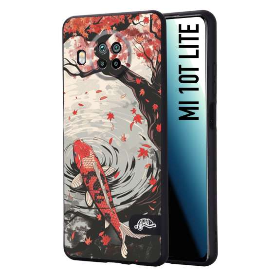 CUSTOMIZZA - Custodia cover nera morbida in tpu compatibile per Xiaomi Mi 10T LITE giapponese lago carpa koi rossa con foglie d'acero rosso disegnata tattoo