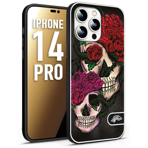 CUSTOMIZZA - Custodia cover nera morbida in tpu compatibile per iPhone 14 PRO teschi e rose rosse fucsia skull and roses