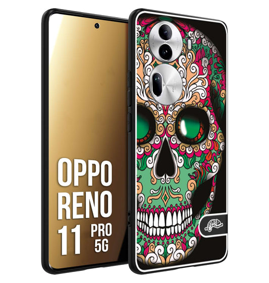 CUSTOMIZZA - Custodia cover nera morbida in tpu compatibile per Oppo Reno 11 PRO 5G teschio messicano Mexican skull verde fucsia