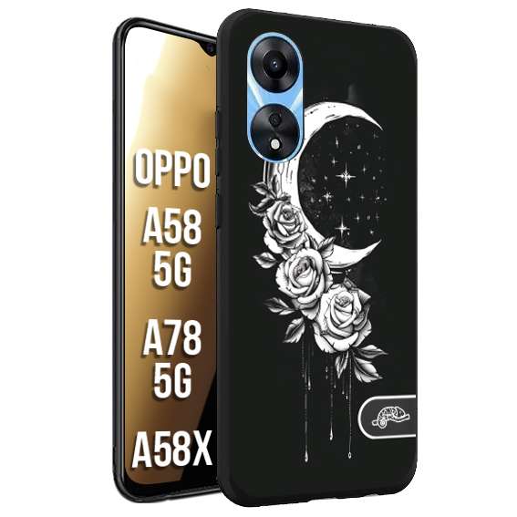 CUSTOMIZZA - Custodia cover nera morbida in tpu compatibile per Oppo A58 5G - A78 5G - A58X luna e fiori moon flowers black and white bianco a rilievo disegnato tattoo tatuaggio