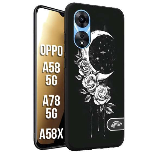 CUSTOMIZZA - Custodia cover nera morbida in tpu compatibile per Samsung A25 luna e fiori moon flowers black and white bianco a rilievo disegnato tattoo tatuaggio