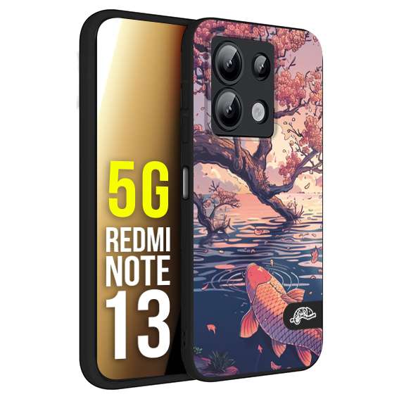 CUSTOMIZZA - Custodia cover nera morbida in tpu compatibile per Xiaomi Redmi Note 13 5G giapponese lago carpa koi rosa con foglie d'acero disegnata tattoo