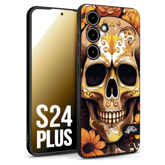 CUSTOMIZZA - Custodia cover nera morbida in tpu compatibile per Samsung S24 PLUS teschio messicano colorato dorato fiori tattoo disegnato