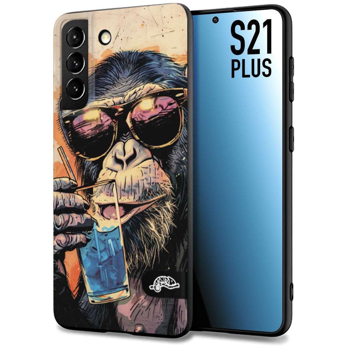 CUSTOMIZZA - Custodia cover nera morbida in tpu compatibile per Samsung S21 PLUS estate disegnata cocktails animali simpatici scimmia monkey negroni