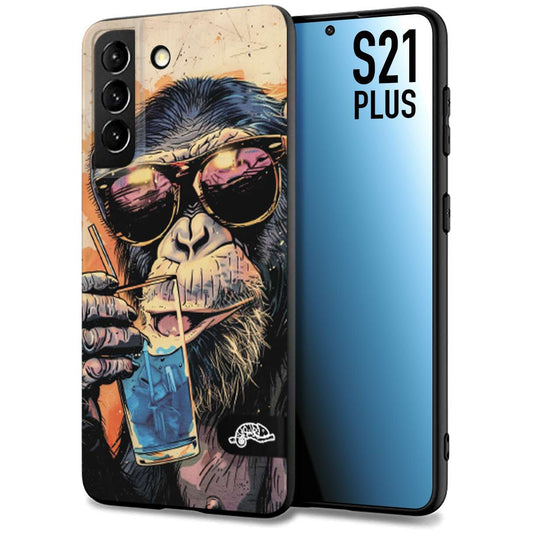 CUSTOMIZZA - Custodia cover nera morbida in tpu compatibile per Samsung S21 PLUS estate disegnata cocktails animali simpatici scimmia monkey negroni