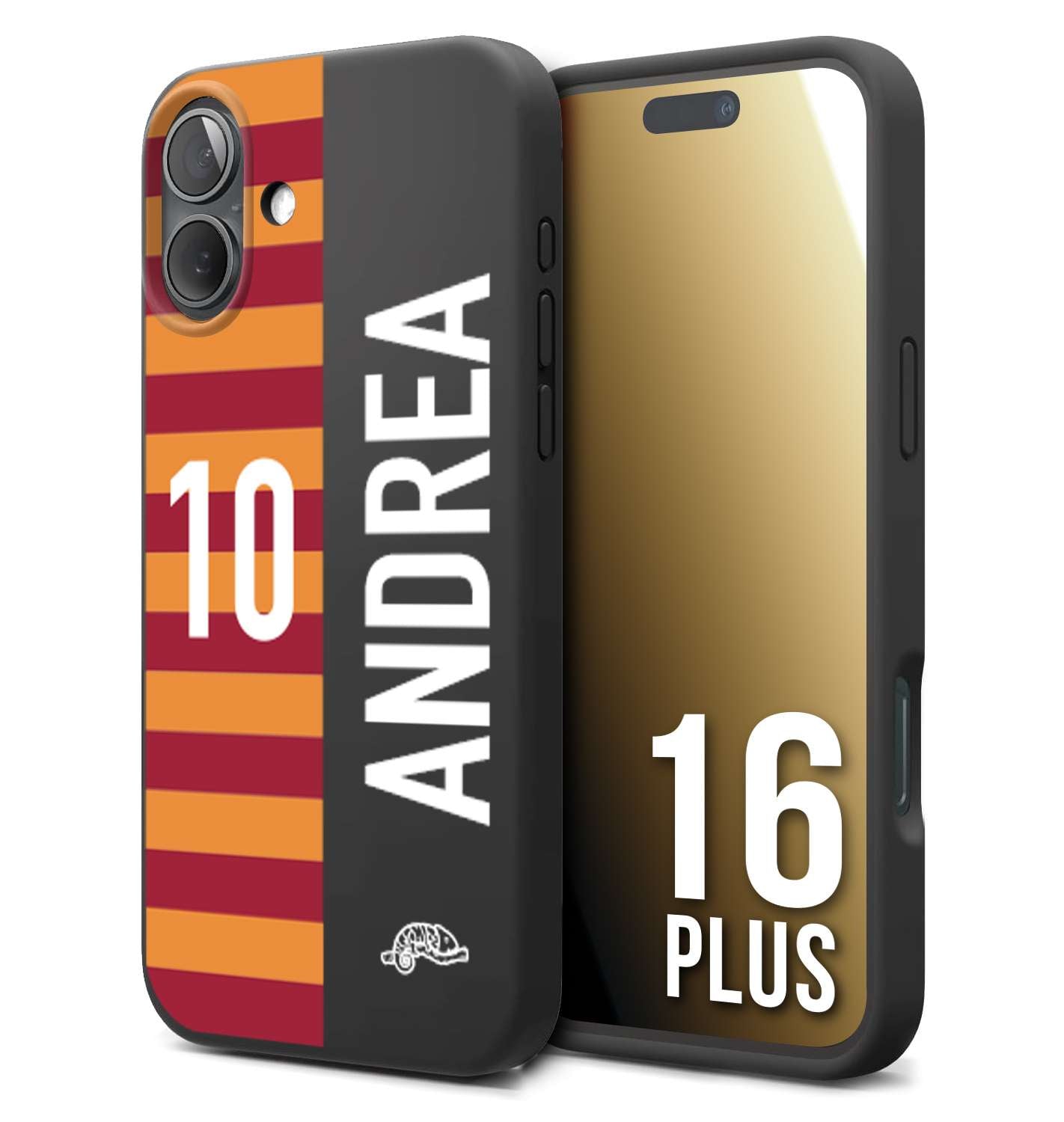 CUSTOMIZZA - Custodia cover nera morbida in tpu compatibile per iPhone 16 PLUS personalizzata calcio football nome e numero calciatori giallo rossi