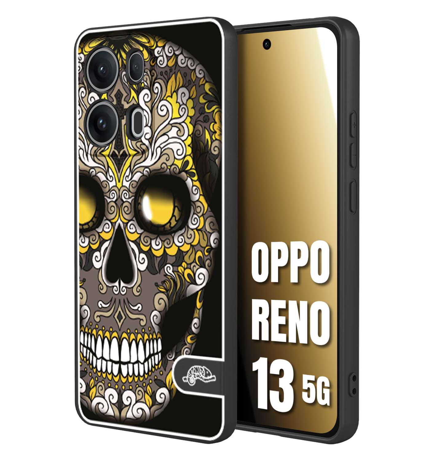 CUSTOMIZZA - Custodia cover nera morbida in tpu compatibile per Oppo Reno 13 5G teschio messicano Mexican skull nero giallo