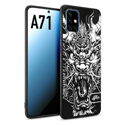 CUSTOMIZZA - Custodia cover nera morbida in tpu compatibile per Samsung A71 drago black and white bianco a rilievo disegnato tattoo tatuaggio