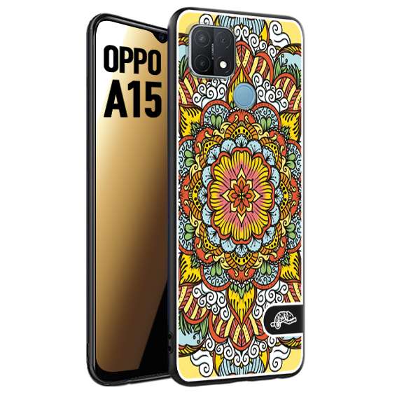 CUSTOMIZZA - Custodia cover nera morbida in tpu compatibile per Oppo A15 mandala colorato fiore nuvole arancione