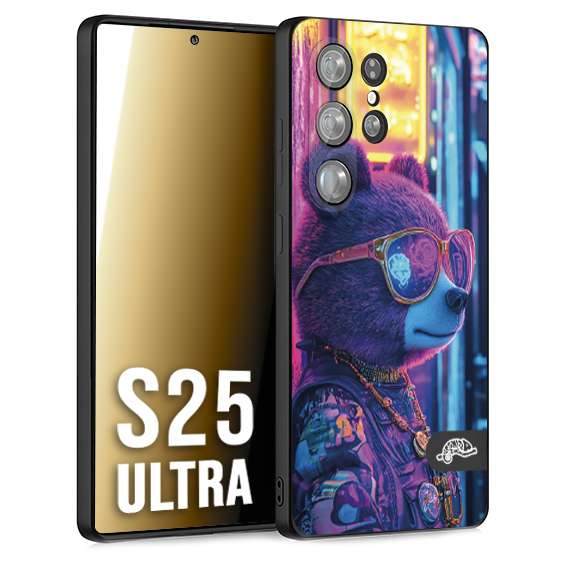 CUSTOMIZZA - Custodia cover nera morbida in tpu compatibile per Samsung S25 ULTRA animali cyberpunk orsetto orso street bear fucsia blu night