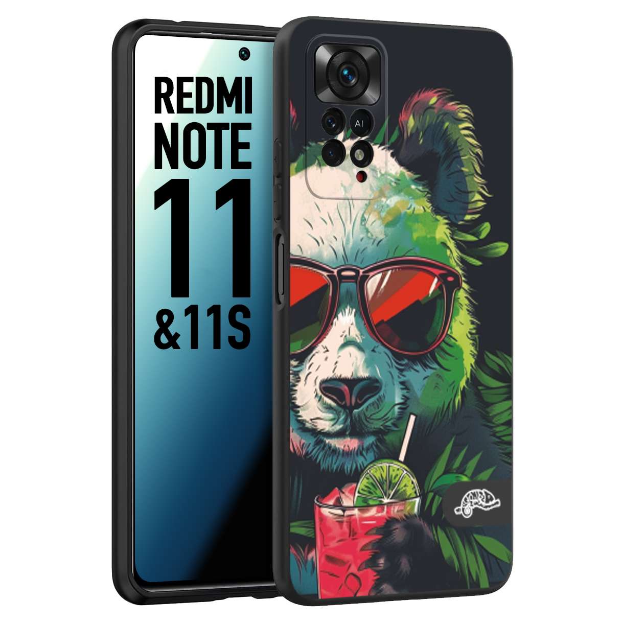 CUSTOMIZZA - Custodia cover nera morbida in tpu compatibile per Xiaomi Redmi Note 11 -  Note 11S estate disegnata cocktails animali simpatici panda mojito