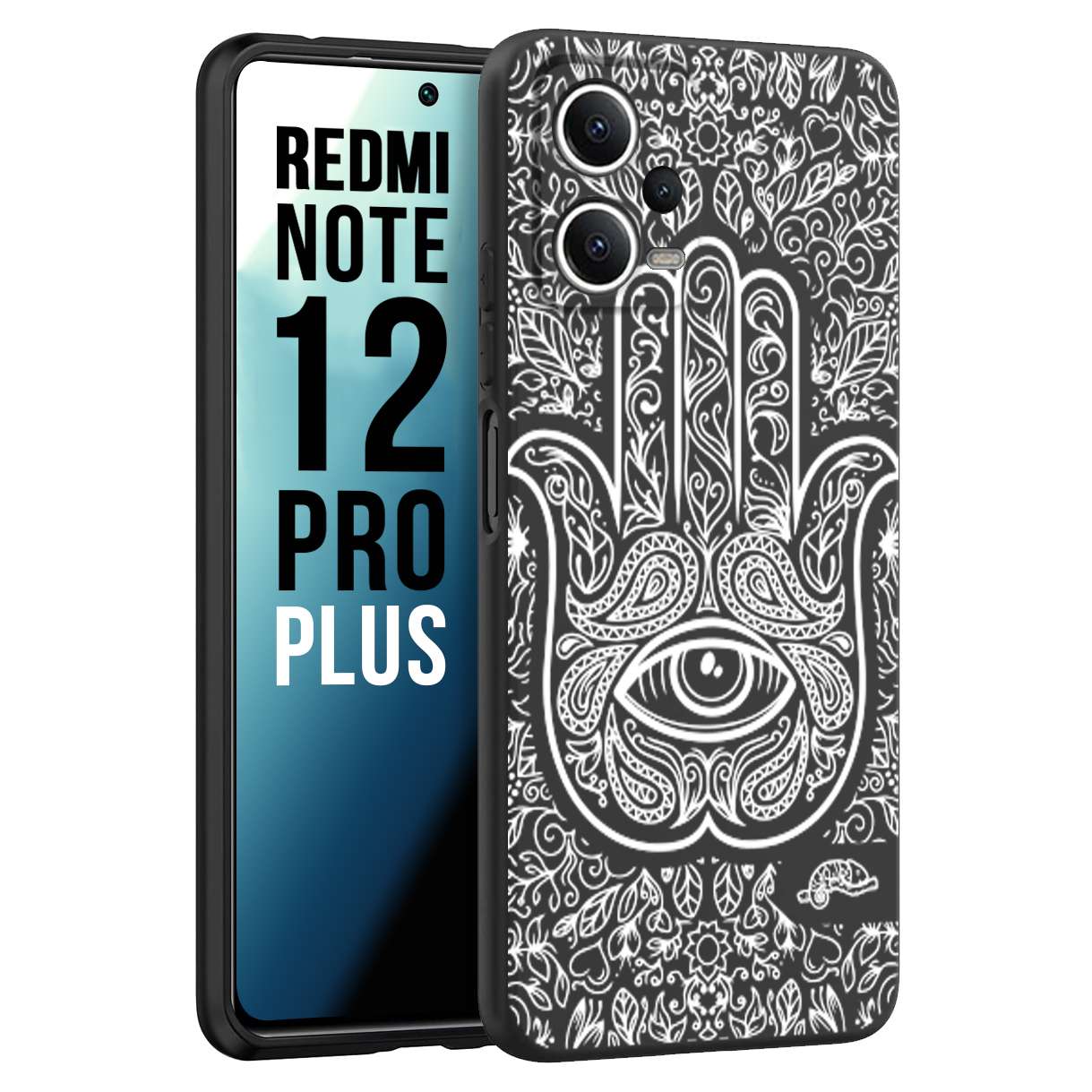 CUSTOMIZZA - Custodia cover nera morbida in tpu compatibile per Xiaomi Redmi Note 12 PRO PLUS mano di fatima effetto rilievo mandala donna