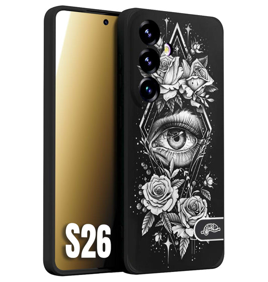 CUSTOMIZZA - Custodia cover nera morbida in tpu compatibile per Samsung S26 occhio fiori rombo geometrico black and white bianco a rilievo disegnato tattoo tatuaggio