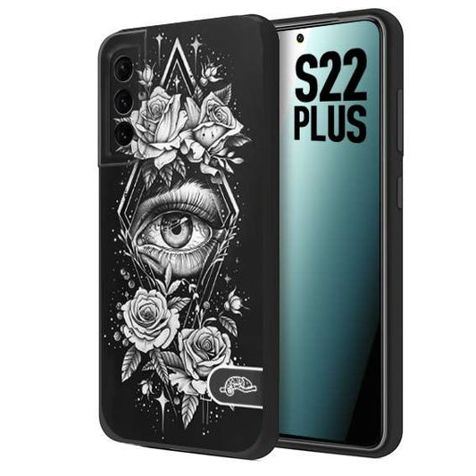 CUSTOMIZZA - Custodia cover nera morbida in tpu compatibile per Samsung S22 PLUS occhio fiori rombo geometrico black and white bianco a rilievo disegnato tattoo tatuaggio