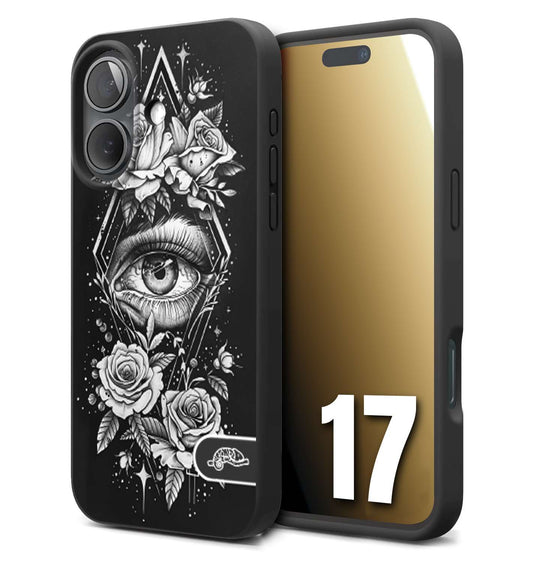 CUSTOMIZZA - Custodia cover nera morbida in tpu compatibile per iPhone 17 occhio fiori rombo geometrico black and white bianco a rilievo disegnato tattoo tatuaggio