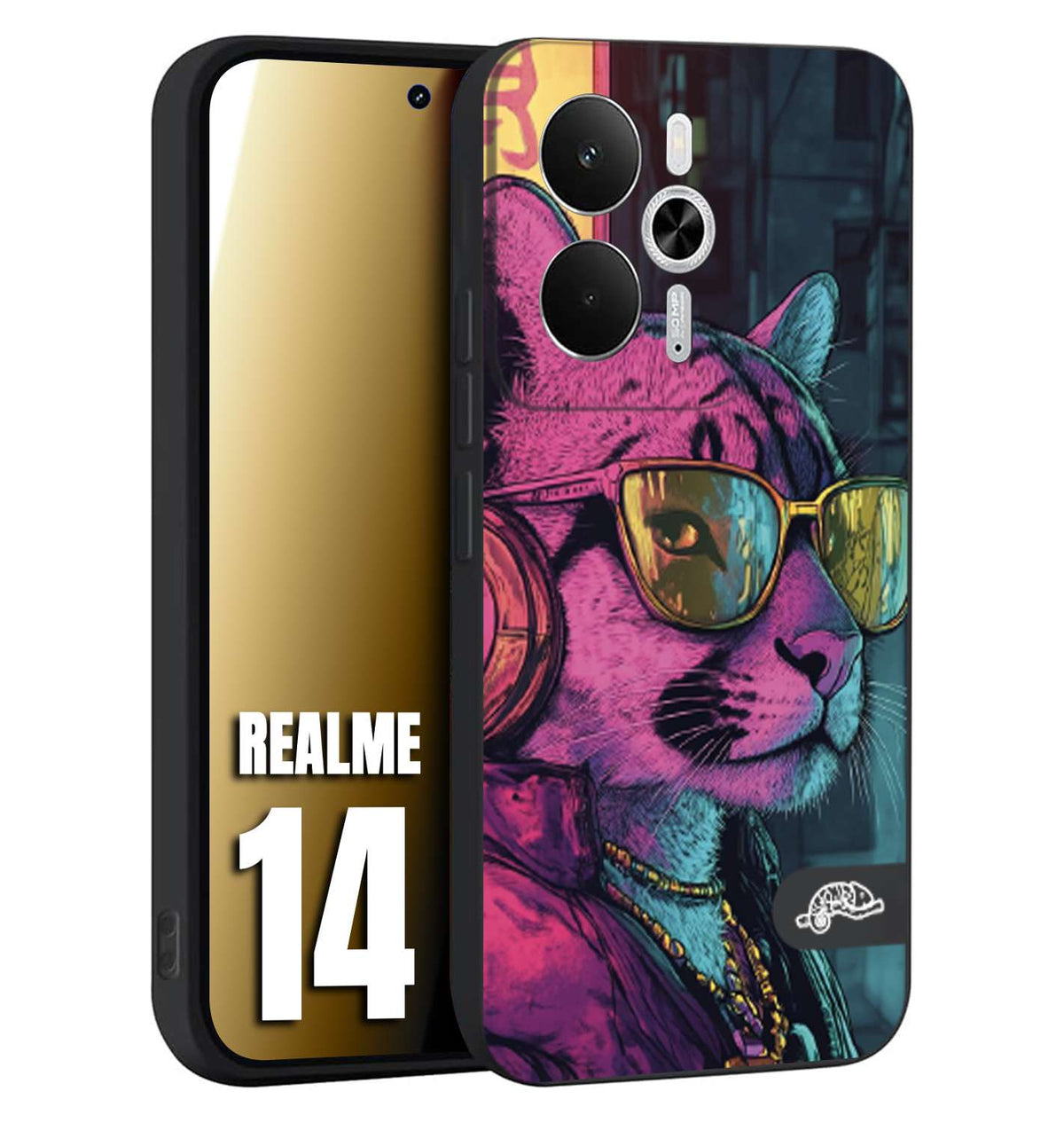 CUSTOMIZZA - Custodia cover nera morbida in tpu compatibile per Realme 14 5G animali cyberpunk pantera street cat fucsia blu giallo