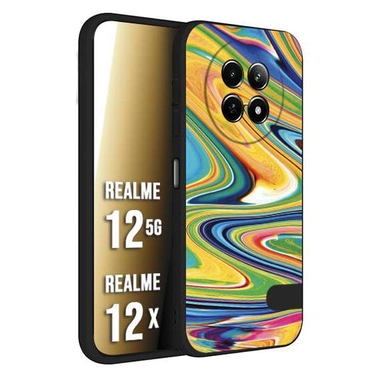 CUSTOMIZZA - Custodia cover nera morbida in tpu compatibile per Realme 12 5G - 12X colorata fantasia vortice marmo arcobaleno gialla verde blu