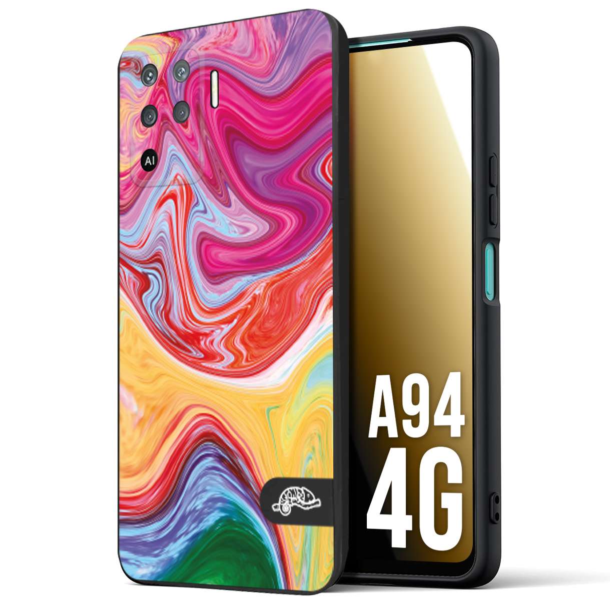 CUSTOMIZZA - Custodia cover nera morbida in tpu compatibile per Oppo A94 4G colorata fantasia vortice marmo onde verde fucsia gialla