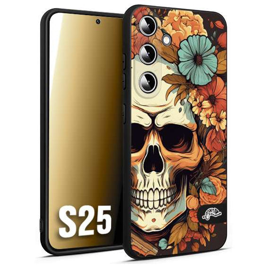 CUSTOMIZZA - Custodia cover nera morbida in tpu compatibile per Samsung S25 teschio skull flowers fiori autunnali arancio celeste tattoo