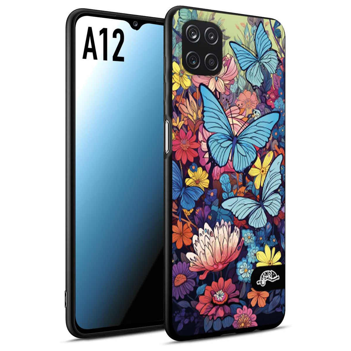 CUSTOMIZZA - Custodia cover nera morbida in tpu compatibile per Samsung A12 farfalle butterfly moderno donna disegnate gialla blu rosa
