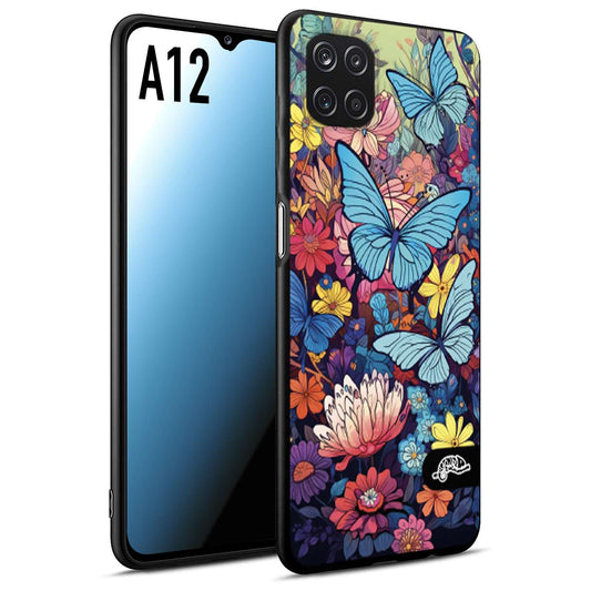 CUSTOMIZZA - Custodia cover nera morbida in tpu compatibile per Samsung A12 farfalle butterfly moderno donna disegnate gialla blu rosa