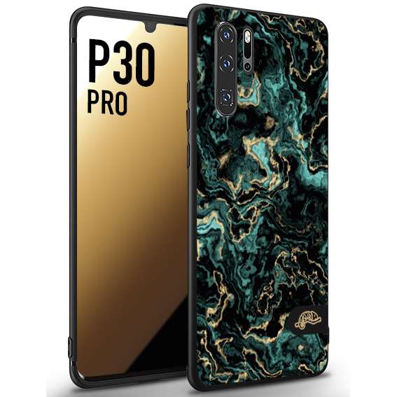 CUSTOMIZZA - Custodia cover nera morbida in tpu compatibile per Huawei P30 PRO effetto marmo marble verde green venature dorato pietra