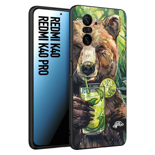 CUSTOMIZZA - Custodia cover nera morbida in tpu compatibile per Xiaomi Redmi K40 - K40 Pro estate disegnata cocktails animali simpatici orso bear negroni