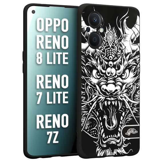 CUSTOMIZZA - Custodia cover nera morbida in tpu compatibile per Oppo Reno 7 Lite - 8 Lite - 7Z drago black and white bianco a rilievo disegnato tattoo tatuaggio