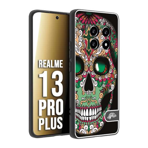 CUSTOMIZZA - Custodia cover nera morbida in tpu compatibile per Realme 13 PRO PLUS teschio messicano Mexican skull verde fucsia