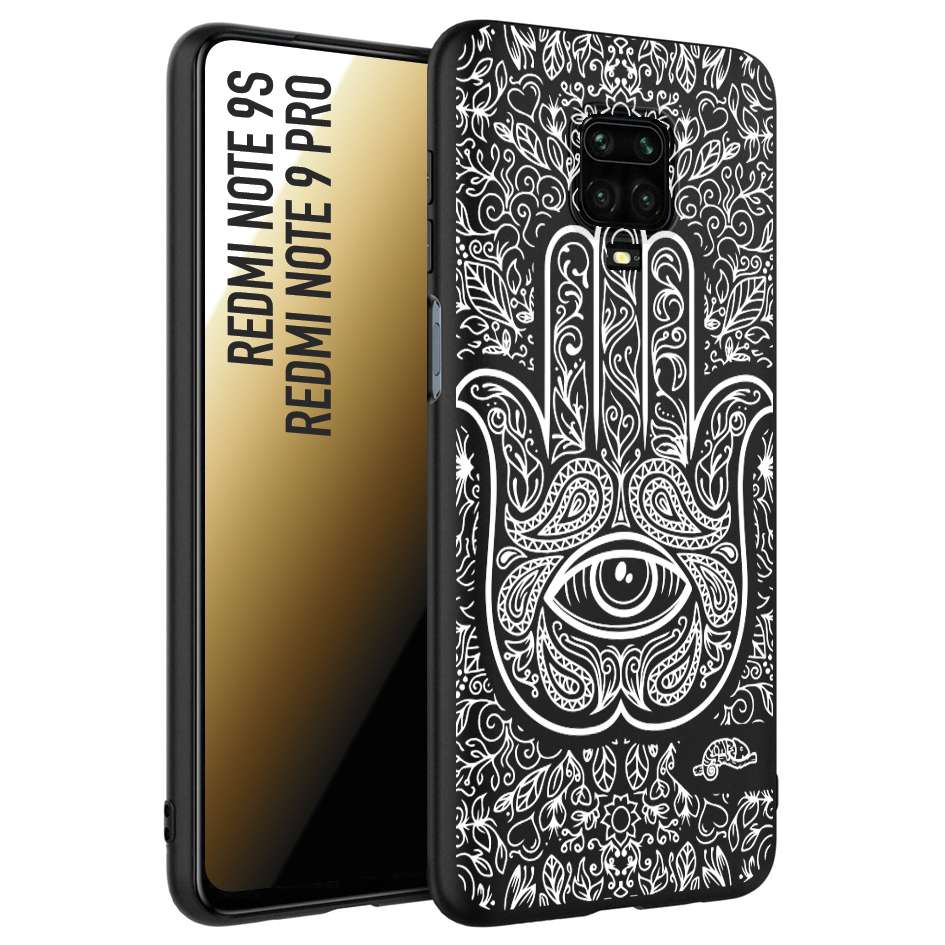 CUSTOMIZZA - Custodia cover nera morbida in tpu compatibile per Xiaomi Redmi Note 9S - Note 9 PRO mano di fatima effetto rilievo mandala donna