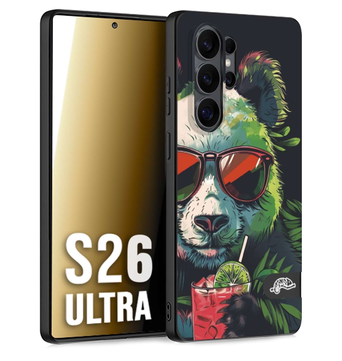 CUSTOMIZZA - Custodia cover nera morbida in tpu compatibile per Samsung S26 ULTRA estate disegnata cocktails animali simpatici panda mojito