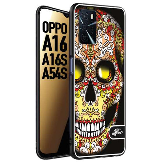 CUSTOMIZZA - Custodia cover nera morbida in tpu compatibile per Oppo A16 - A16S - A54S teschio messicano Mexican skull giallo rosso arancio