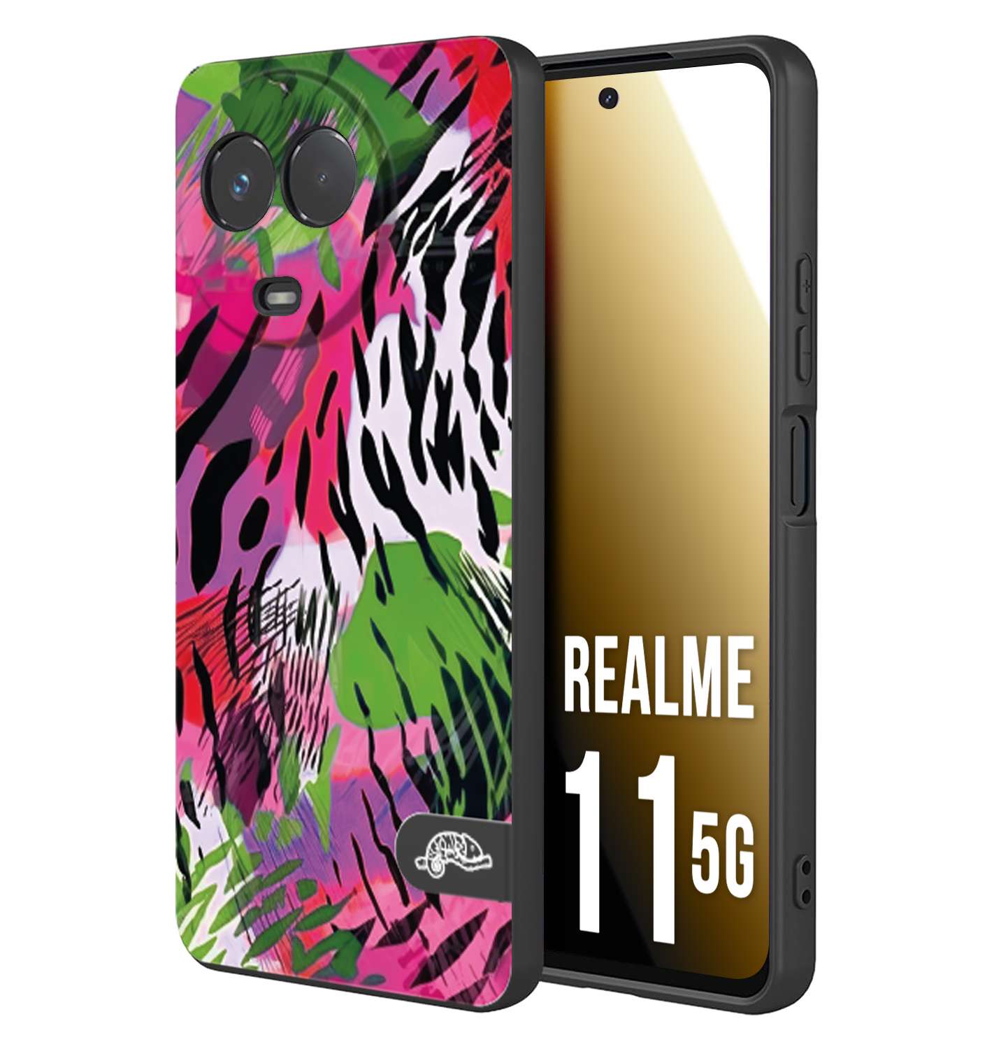 CUSTOMIZZA - Custodia cover nera morbida in tpu compatibile per Oppo Realme 11 5G leopardato tigrato tiger colorata summer color verde fucsia