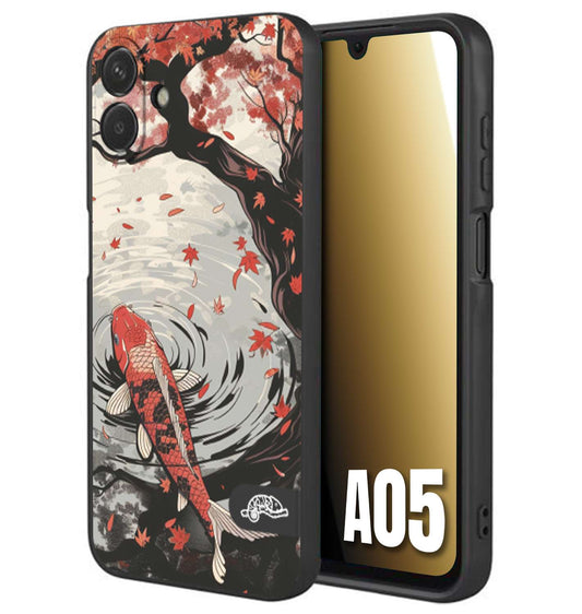 CUSTOMIZZA - Custodia cover nera morbida in tpu compatibile per Samsung A05 giapponese lago carpa koi rossa con foglie d'acero rosso disegnata tattoo