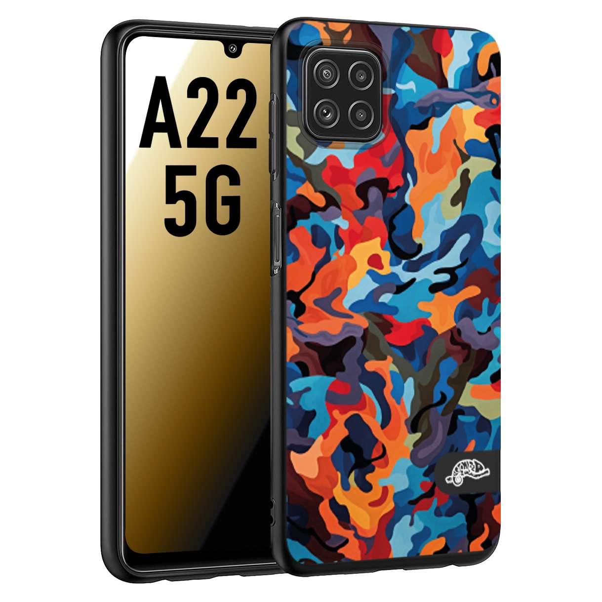 CUSTOMIZZA - Custodia cover nera morbida in tpu compatibile per Samsung A22 5G camouflage mimetico militare moderno blu arancio rosso