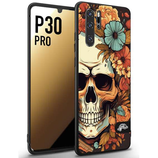 CUSTOMIZZA - Custodia cover nera morbida in tpu compatibile per Huawei P30 PRO teschio skull flowers fiori autunnali arancio celeste tattoo
