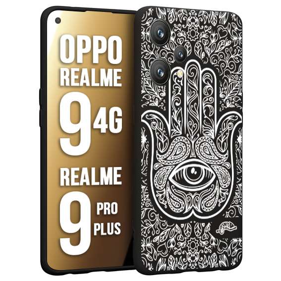 CUSTOMIZZA - Custodia cover nera morbida in tpu compatibile per Oppo Realme 9 4G - 9 PRO PLUS mano di fatima effetto rilievo mandala donna