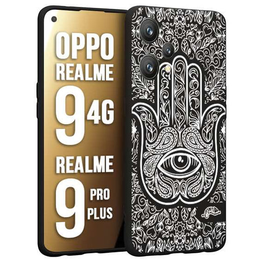 CUSTOMIZZA - Custodia cover nera morbida in tpu compatibile per Oppo Realme 9 4G - 9 PRO PLUS mano di fatima effetto rilievo mandala donna