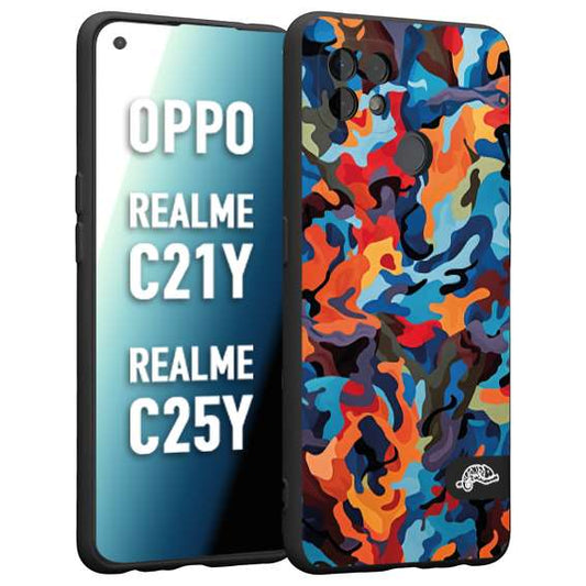 CUSTOMIZZA - Custodia cover nera morbida in tpu compatibile per Oppo Realme C21Y - C25Y camouflage mimetico militare moderno blu arancio rosso