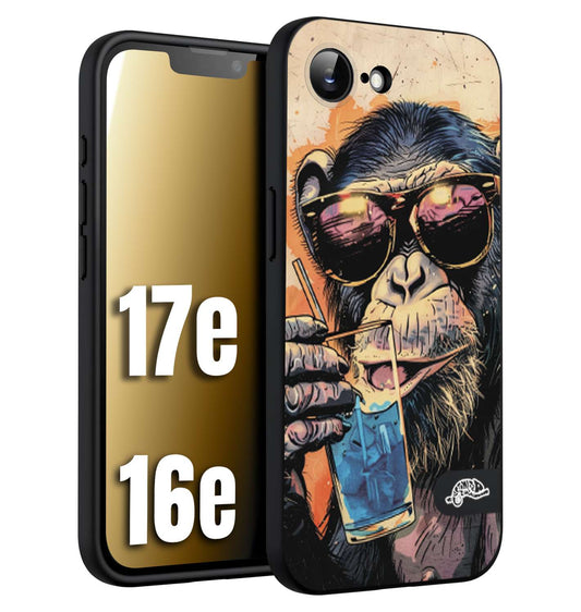 CUSTOMIZZA - Custodia cover nera morbida in tpu compatibile per iPhone 16E - 17E estate disegnata cocktails animali simpatici scimmia monkey negroni