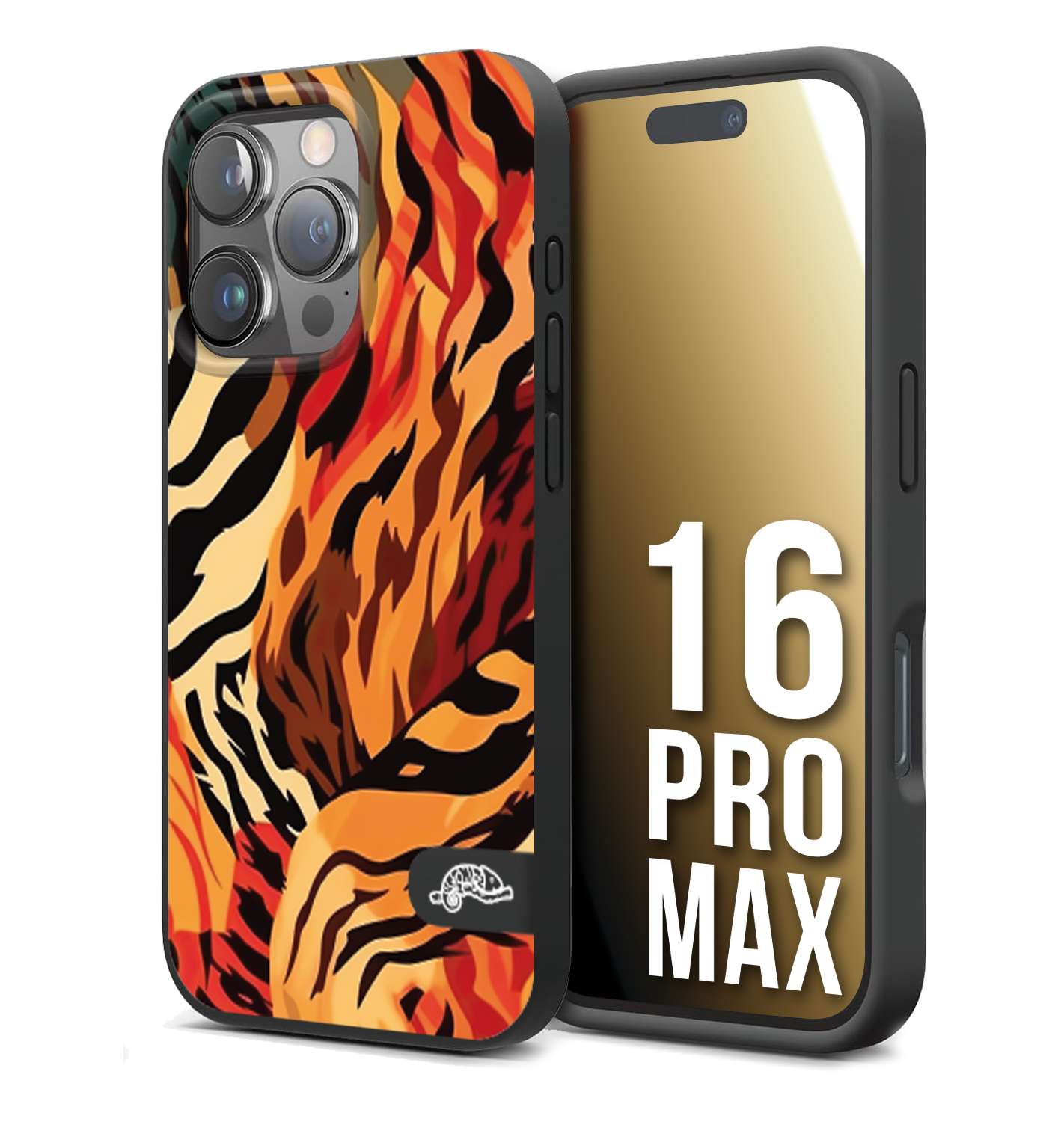 CUSTOMIZZA - Custodia cover nera morbida in tpu compatibile per iPhone 16 PRO MAX leopardato maculato tigrato tiger colorata gialla rossa arancio