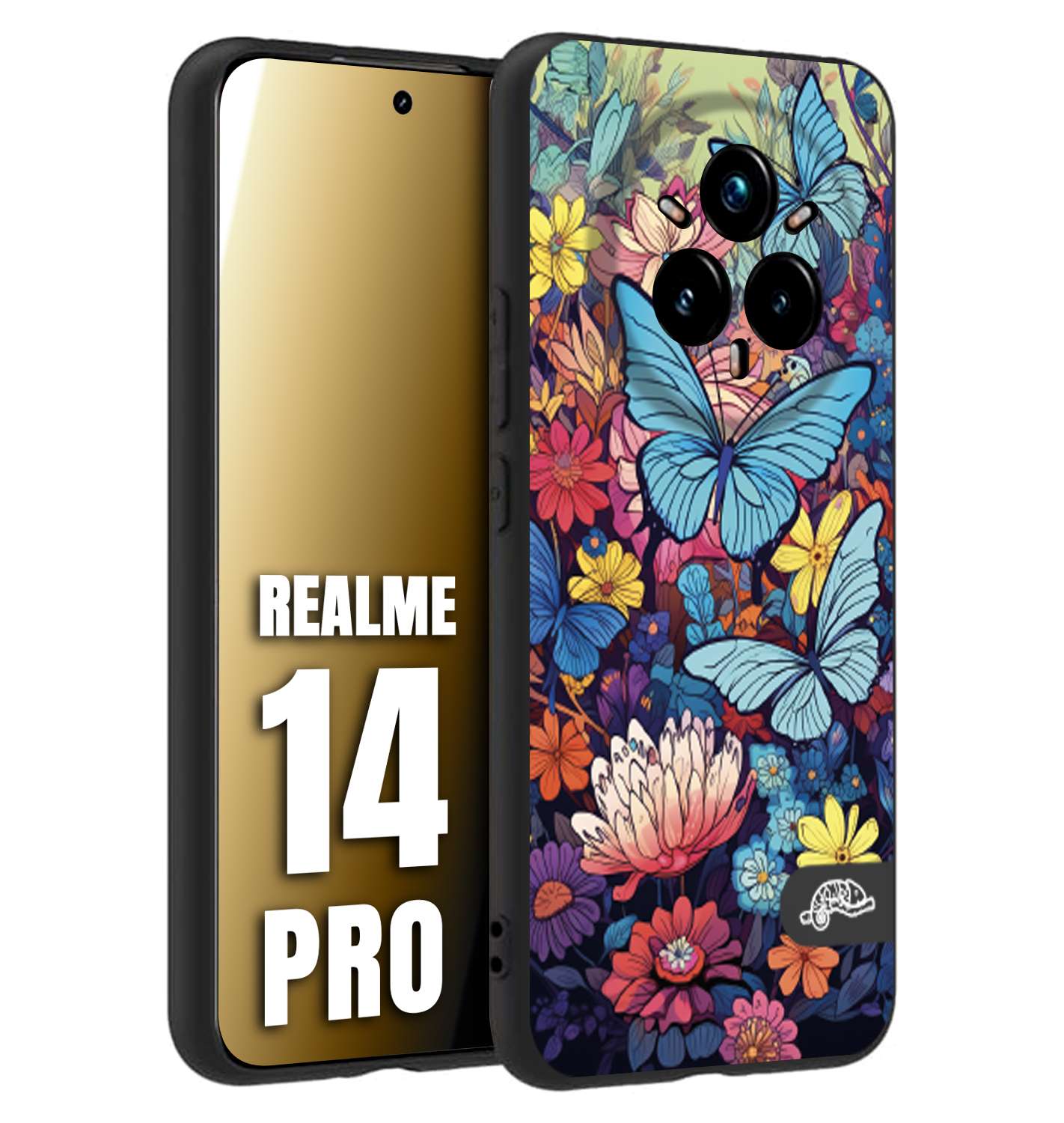 CUSTOMIZZA - Custodia cover nera morbida in tpu compatibile per Realme 14 PRO farfalle butterfly moderno donna disegnate gialla blu rosa