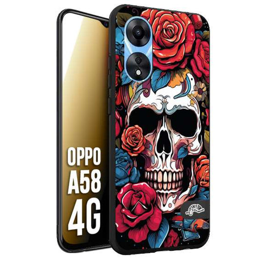 CUSTOMIZZA - Custodia cover nera morbida in tpu compatibile per Oppo A58 4G teschio skull flowers fiori rose rosse tattoo disegnato